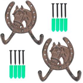 Atatoray 759357109712 2pcs Cast Iron Wall Hooks Horseshoe Rustic Ranch Horse Head Hanger Weste