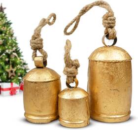 Dibell3 Brand Diyana Impex Set Of 3 Giant Harmony Rustic Gold Christmas Bells For Decoration - Large
