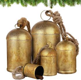 Eh3736 Fovths Set Of 5 Christmas Bells Giant Vintage Cow Metal