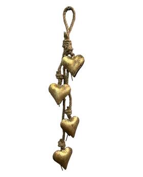 Mgt-00120 Mango Gifts Vintage Metal Heart Bells Wall Hanging Art Love 50 Cm Length Antique Gold