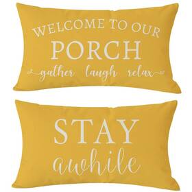 Pp-2019-001 Pandicorn Welcome To Our Porch Stay Awhile Yellow Farmhouse Outdoor Lumbar De