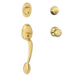 F62-ply-505-geo-605 Schlage Residential 043156755059 F62 Plymouth Double Cylinder Handleset With Georgian Entrance Knob Bright Brass