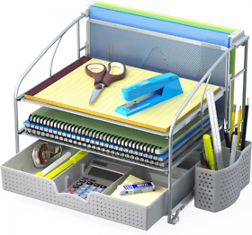 Simple Houseware Desk Organizer 3 Tray With Sliding Drawer 1 Pack Silver