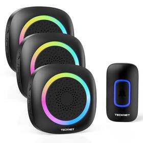 Tecknet 056243620876 Wireless Doorbell With 3 Portable Doorbells Rgb Light Battery Powered Ip66