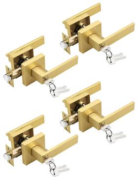 Tw383et-ivy01gd-combo-4p Tinewa 4 Pack Brushed Gold Entry Door Levers With Lock And Key Satin Brass Keyed Al