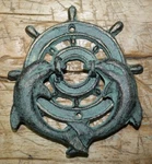 Cast Iron Antique Style Nautical Shipswheel Dolphin Door Knocker Green Finish. Fixed Price $9.99.