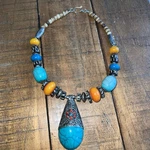 Tibetan Multicolored Resin Medallion Pendant Necklace Art Deco Chunky Handmade. Fixed Price $49.00.
