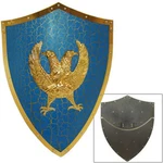 Medieval Two Headed Eagle Shield Knights Prop Wall Hanger Blue & Gold 25 Inch. Fixed Price $66.45.
