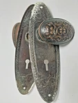 Antique Copper Oval Door Knob Handles Back-plates & Spindle Set Victorian. Fixed Price $56.00.