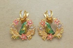 Bob Mackie Gold Tone Enamel Flower Wreath Rs Parrot Door Knocker Clip Earrings. Fixed Price $39.99.