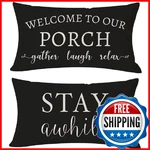 Pandicorn Welcome Porch Stay Awhile Lumbar Throw Pillow Covers 12X20 Set Of. Fixed Price $14.51.