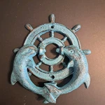 Cast Iron Nautical Door Knocker Ship Wheel Dolphin Green Antique Finish. Fixed Price $12.99.