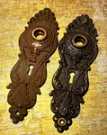 Pr. Vintage Escutcheon Door Knob Plates Ornate Filagree Design Brass Solid. Fixed Price $25.00.