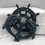Cast Iron Door Knocker Dolphins And Ships Wheel Nautical Teal Patina. Fixed Price $47.99.