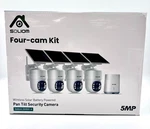 Soliom Four Kit Wireless Solar Battery Powered Security Camera W/ Pan Tilt. Fixed Price $196.00.