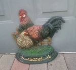 Vtg 12" Cast Iron Rooster Hen Painted Chickens Door Stop Farmhouse Country Decor. Fixed Price $39.95.